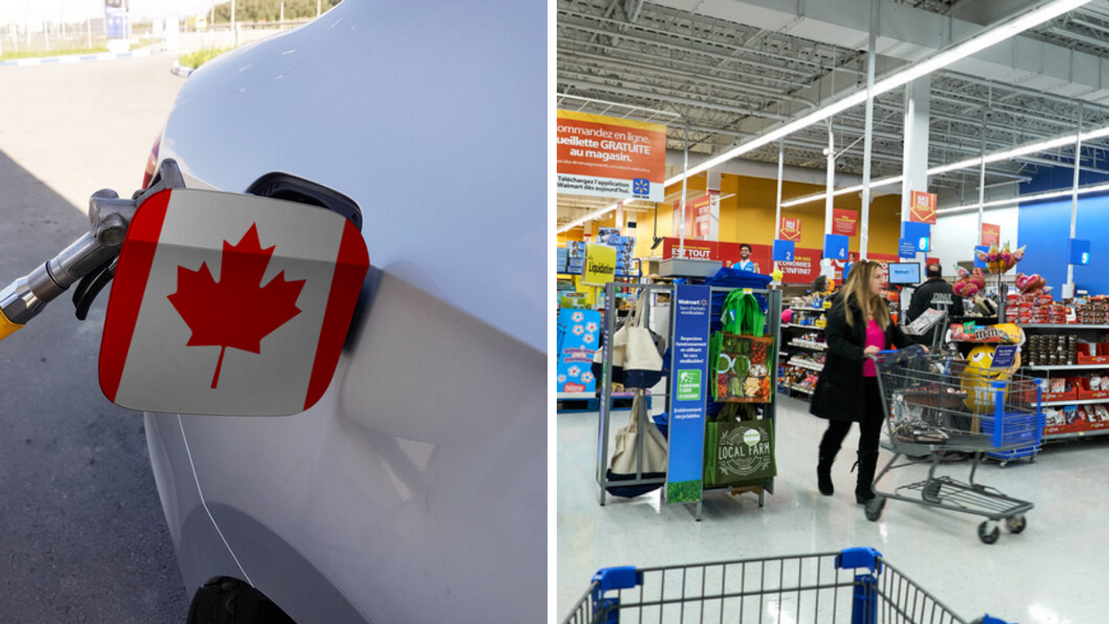 A car fuelling up. Right: Customers in a store in Montreal.