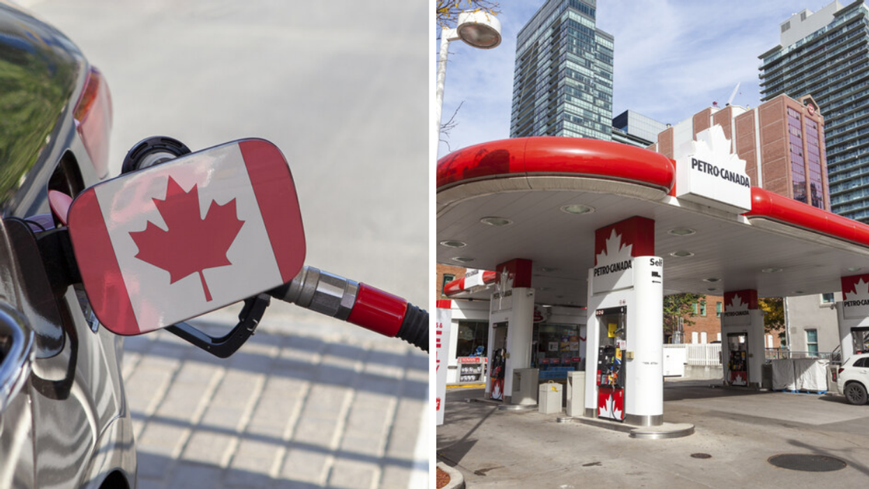 A car fuels up at a pump. Right: A petrol station in Canada.