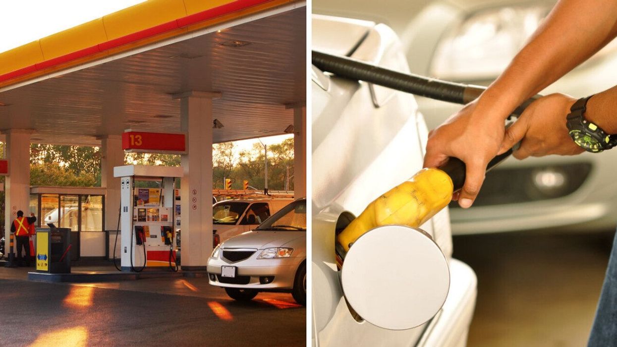 A car in a gas station during sunset. Right: A person holding a yellow pump at a gas station.
