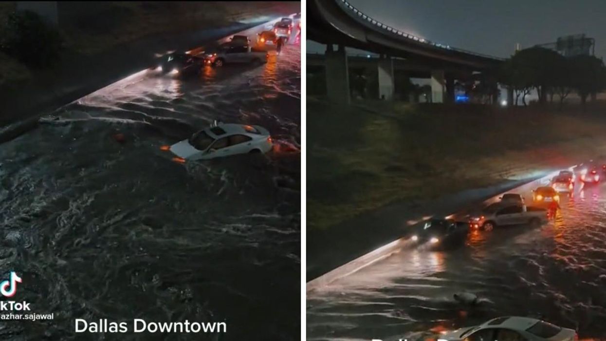 A car stuck in floodwaters in Dallas, Texas. Right: A line of cars stuck in Dallas, Texas.