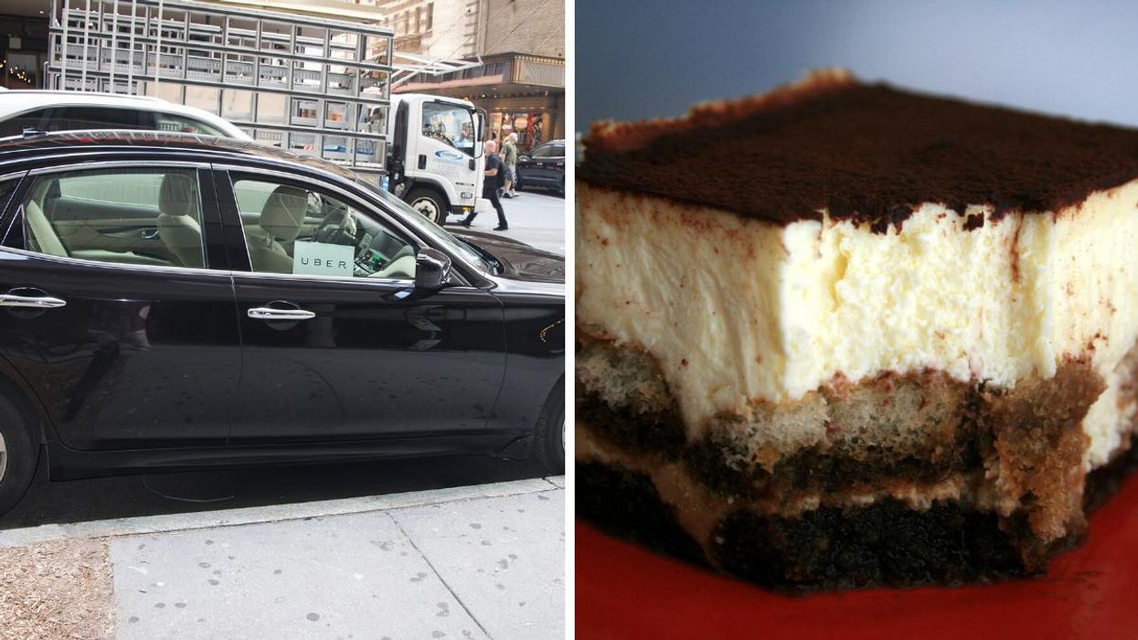 A car with an Uber sign in the window. Right: A piece of tiramisu.