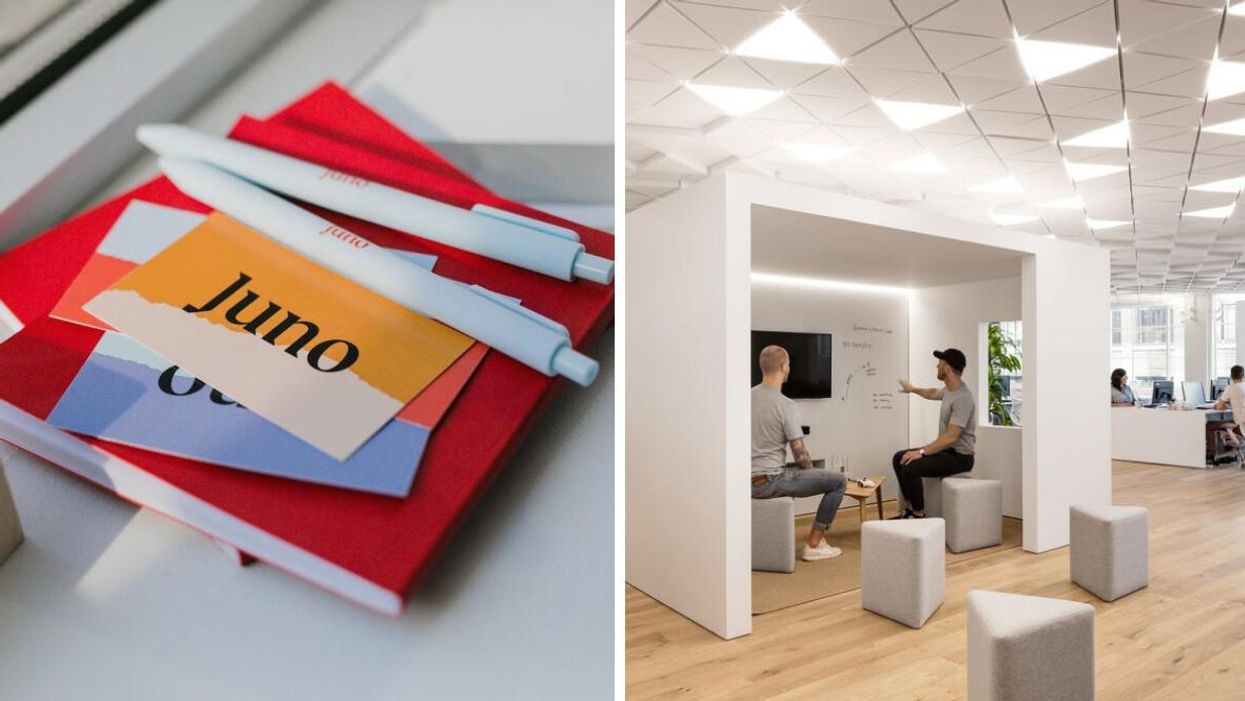 A card for the Juno College of Technology. Right: The Eidos-Montréal studio.