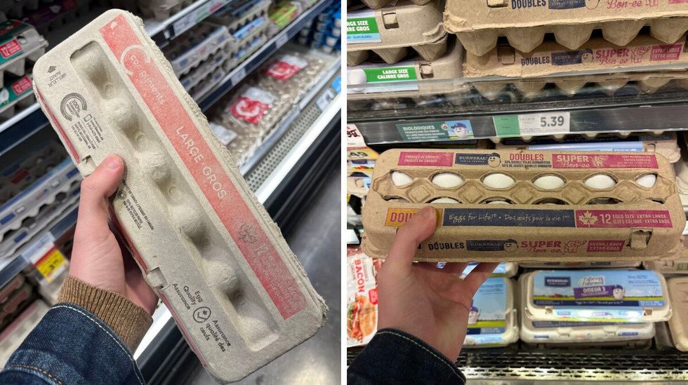 A carton of eggs at Sobeys. Right: A shelf of eggs at Metro