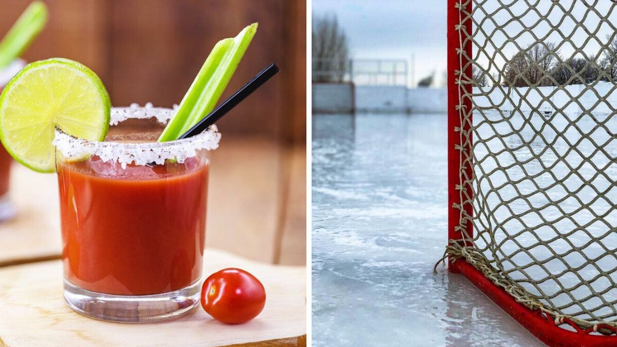 A Casear cocktail. Right: A hockey net on an ice rink.