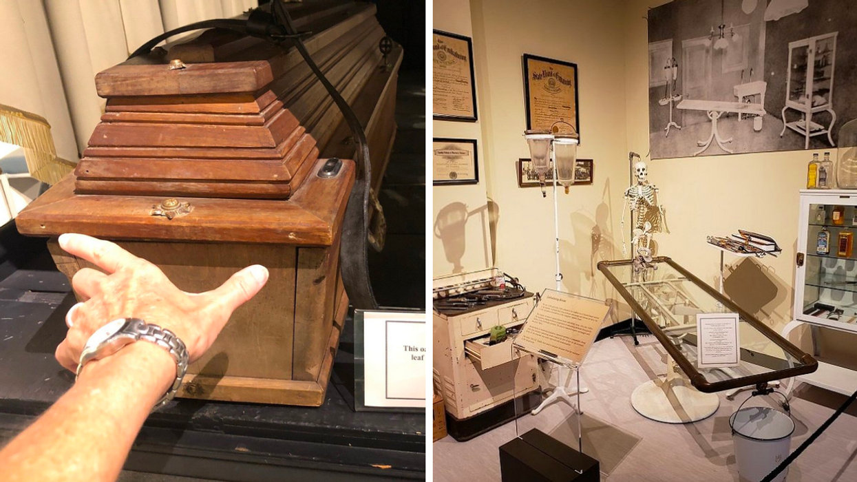 A casket from the 1800s at the National Museum of Funeral History. Right: The embalming exhibit at the National Museum of Funeral History.