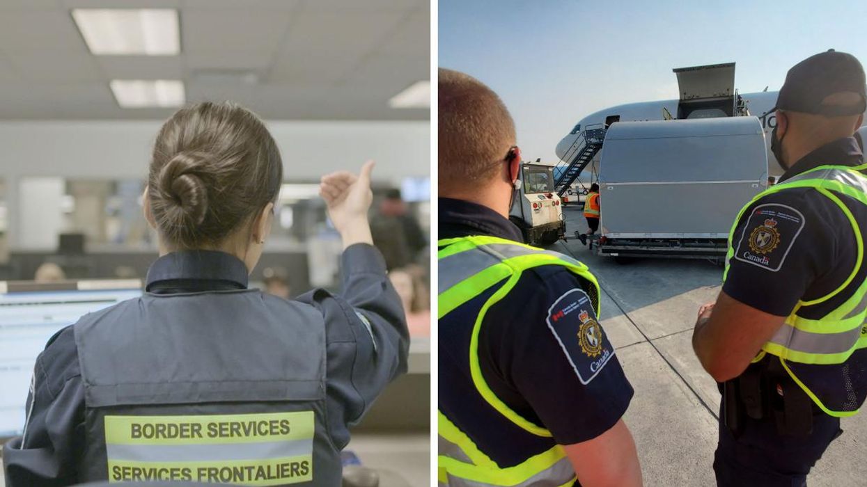 A CBSA border officer welcomes travellers to Canada. Right: Two border officers stand beside a plane.