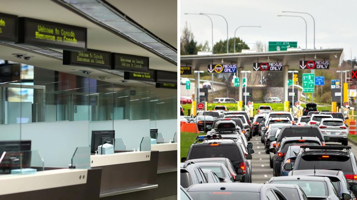 A CBSA office at the Canada-U.S. border. Right: Cars line up at the Blaine land border crossing.