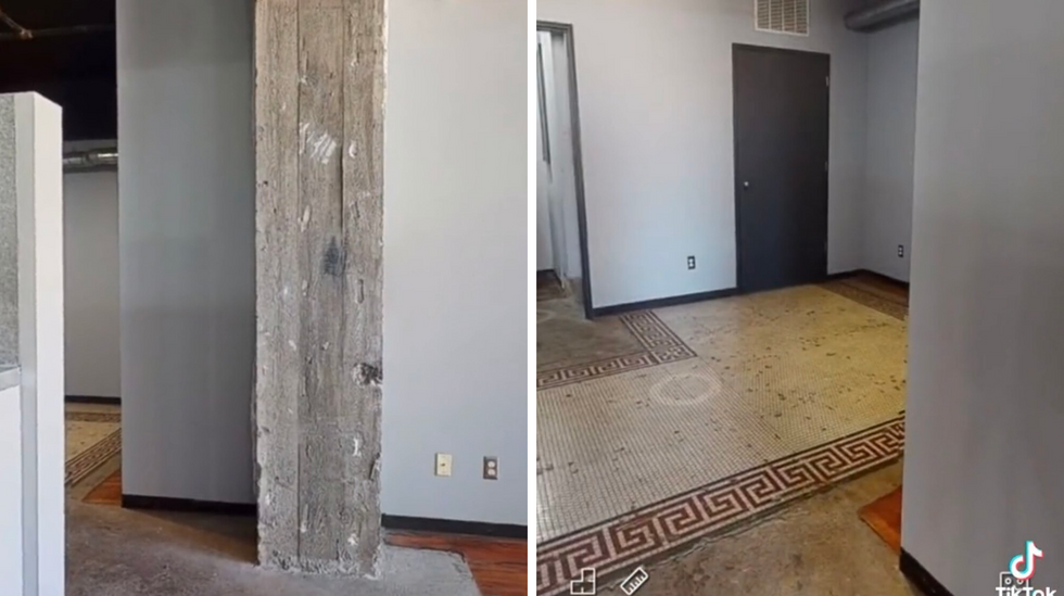 A cement column in the Birmingham, AL apartment. Right: The tile flooring in the Birmingham, AL apartment.