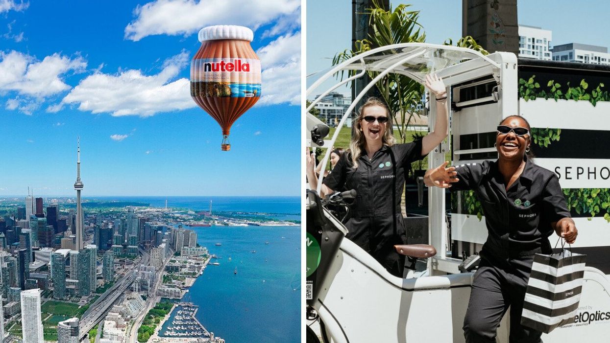 A CGI Nutella hot air balloon above Toronto. Right: Two people standing by a Sephora car.