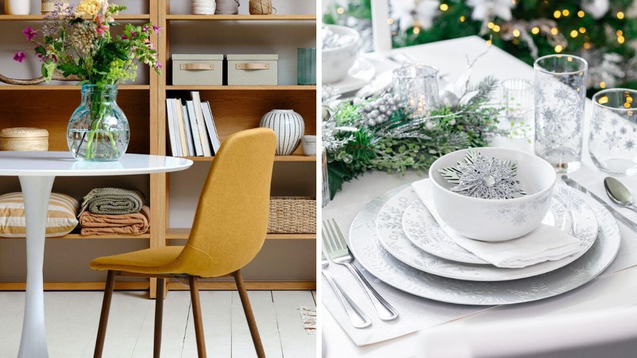 A chair and table with flowers on it. Right: A table setting with winter accents.