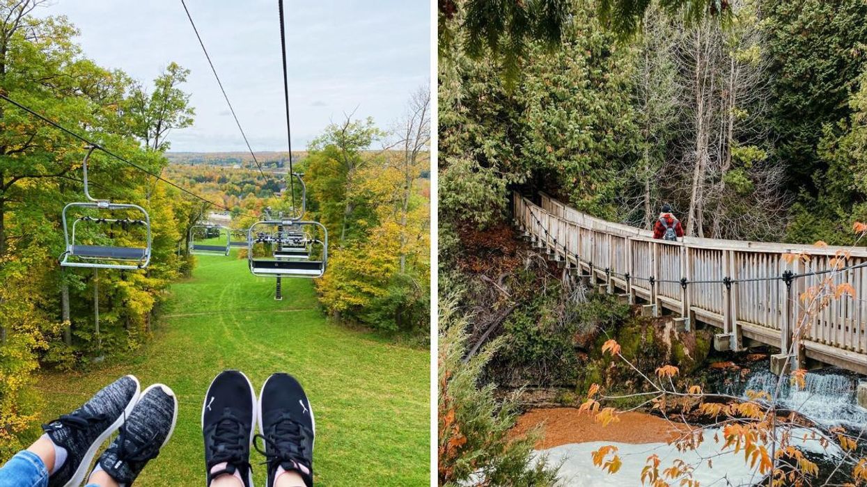 A chairlift through fall colours. Right: A suspension bridge leading over a waterfall.