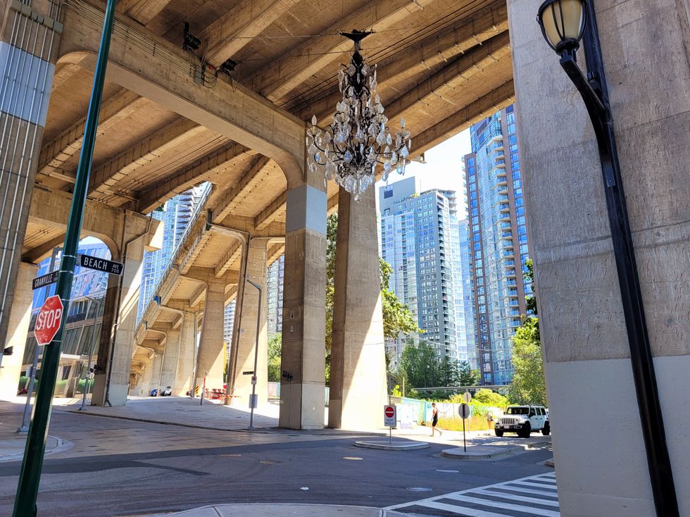 A chandelier hanging under Granville Bridge.