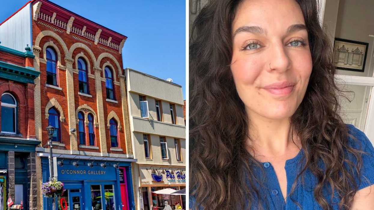 A charming building in a small town. Right: A person smiling.