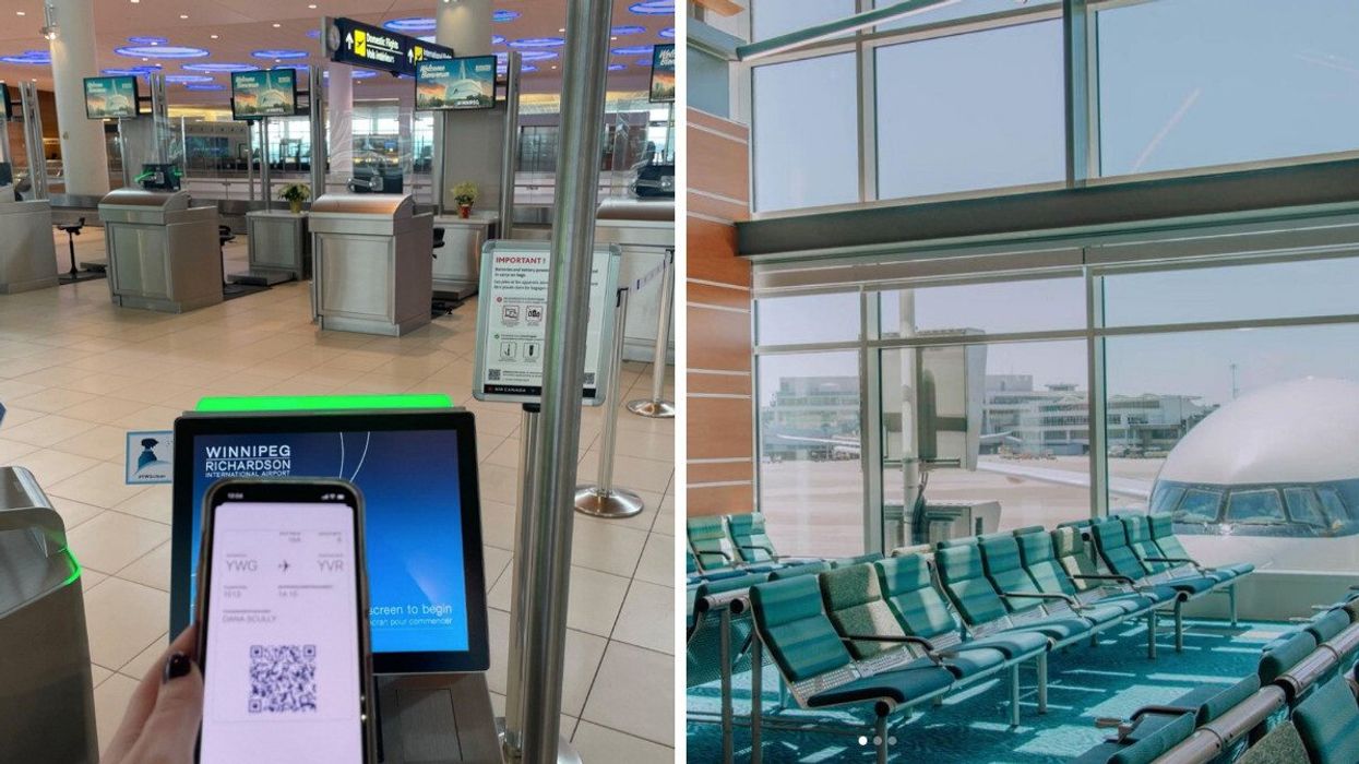 A check-in desk at Winnipeg Airport. Right: An airport departure lounge.