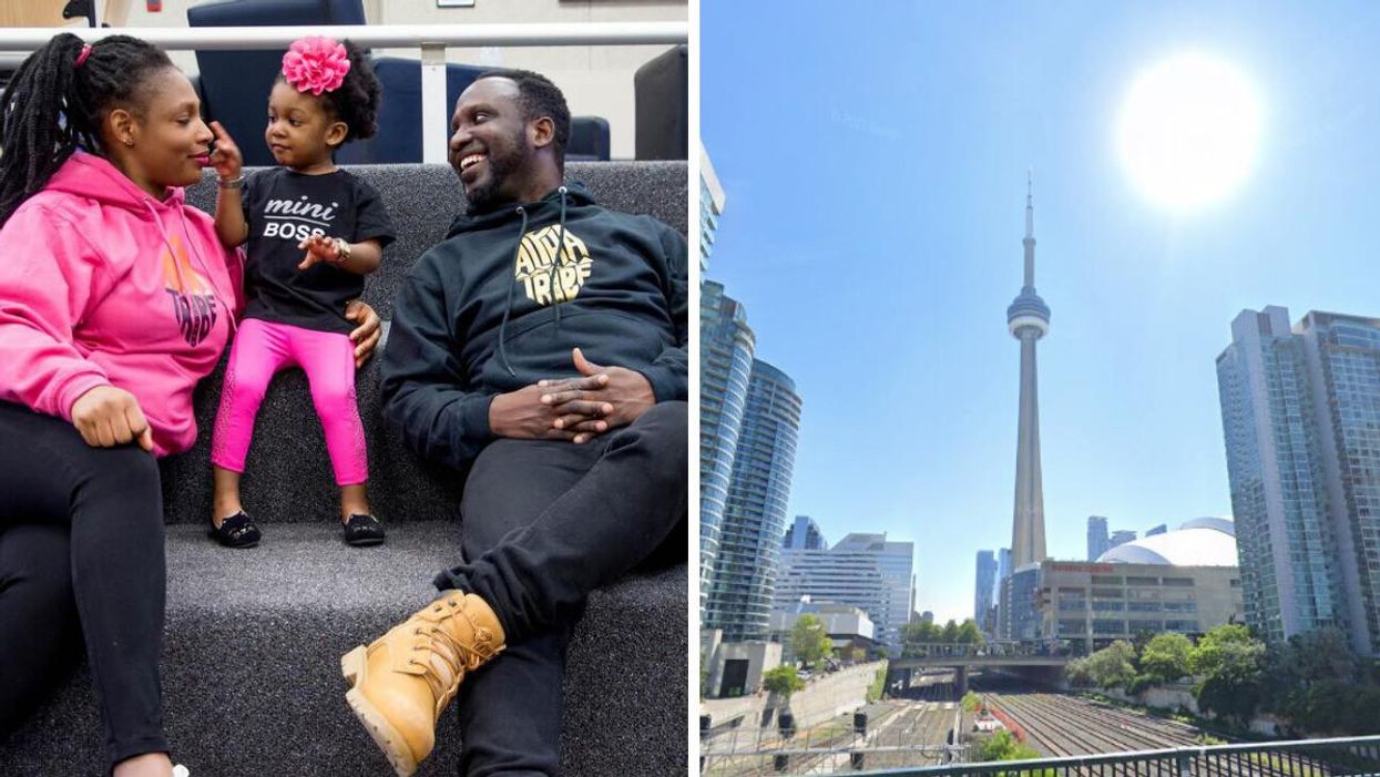 A cheerful family of three. Right: The CN tower in Toronto.