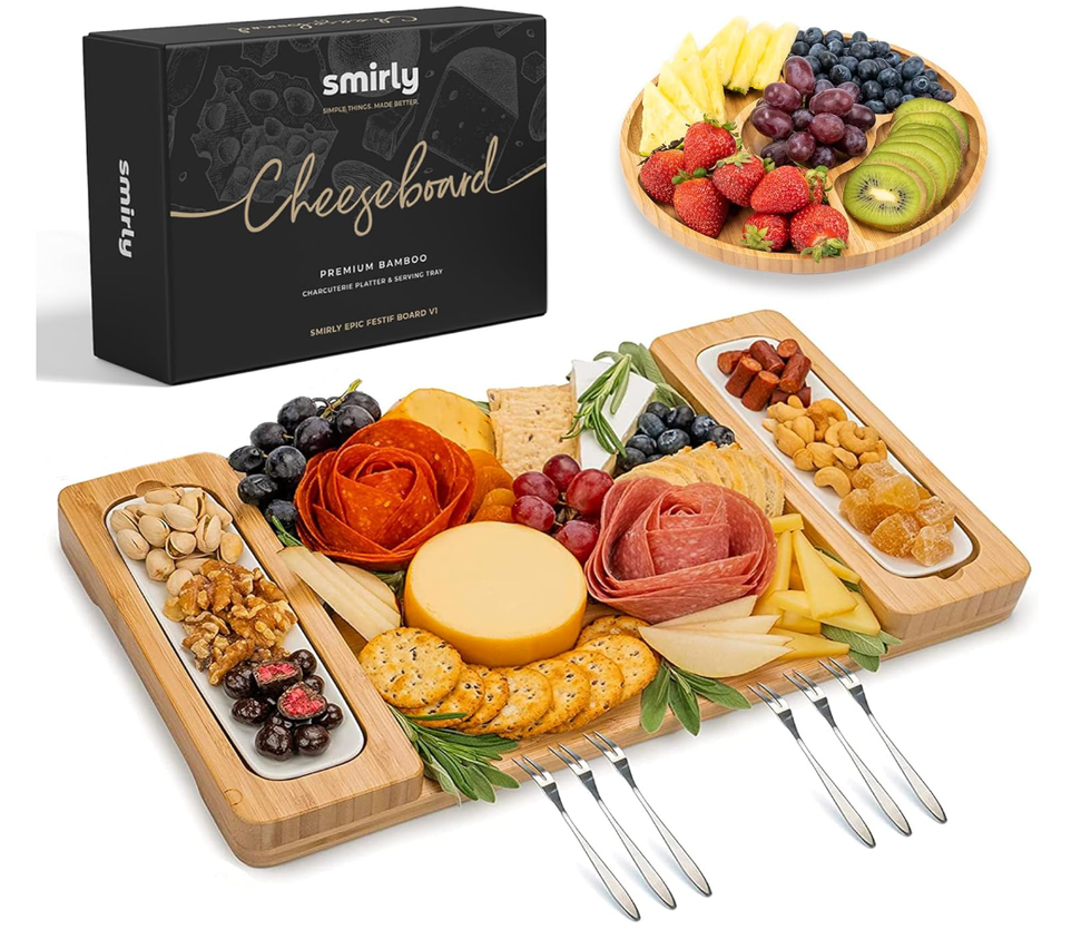 A cheese board loaded with crackers, cheese, salami, nuts and other food.