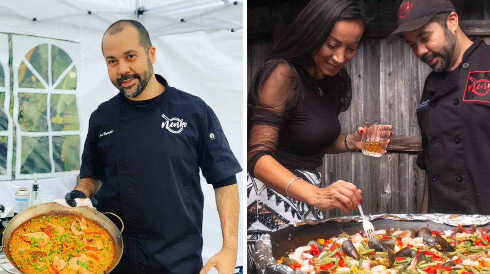 A chef holding a paella. Right: A guest poking at the paella with a fork and standing next to the chef.