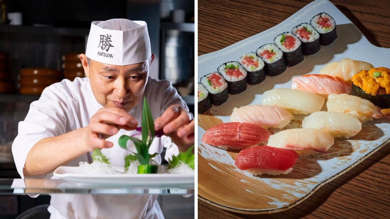 A chef making a dish at a restaurant. Right: A plate with different sushi and nigiri.