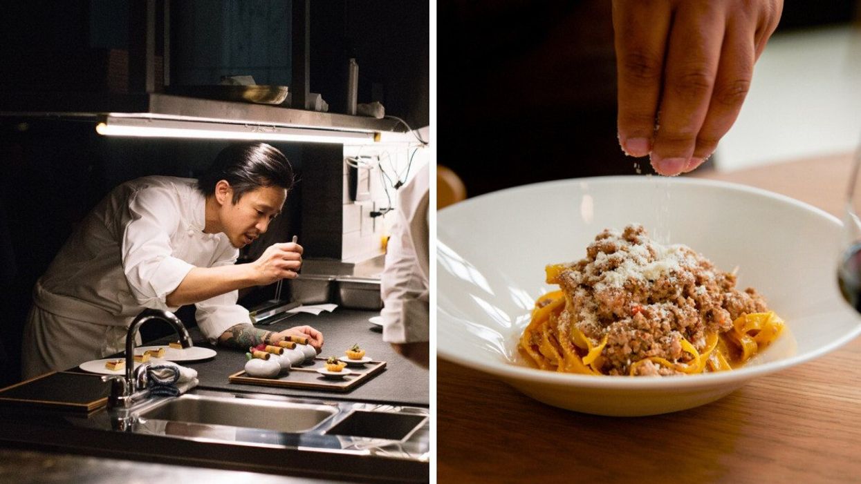 A chef preparing a plate to be served at a restaurant. Right: A pasta dish a person sprinkling cheese on top.