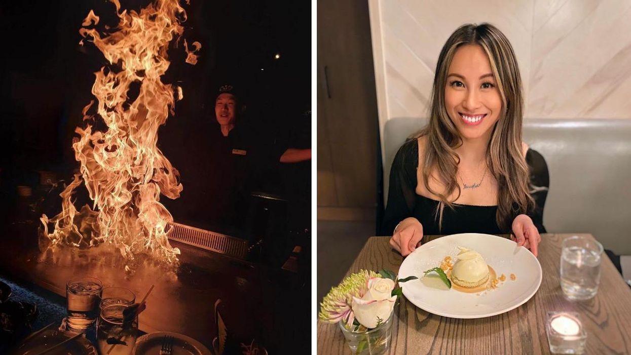 A chef preparing food at OMO Teppan & Kitchen. Right: Someone eating at Cassis Bistro.