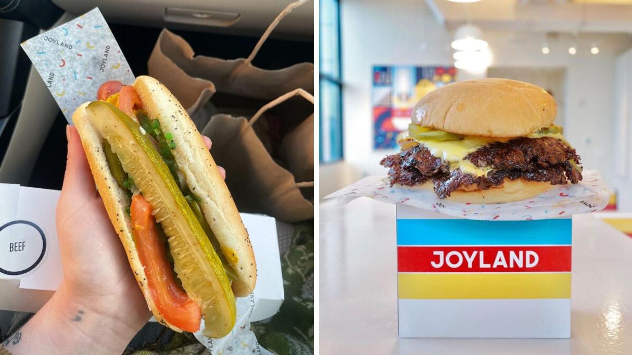 A Chicago dog from Joyland. Right: A "CrustBurger" from Joyland.