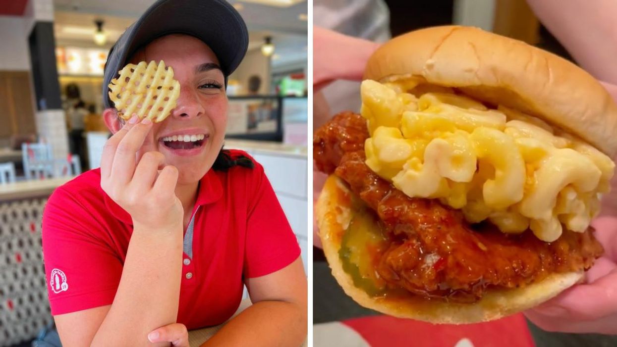 A Chick-fil-A employee holding a waffle fry. Right: A 'secret' sandwich you can make yourself.