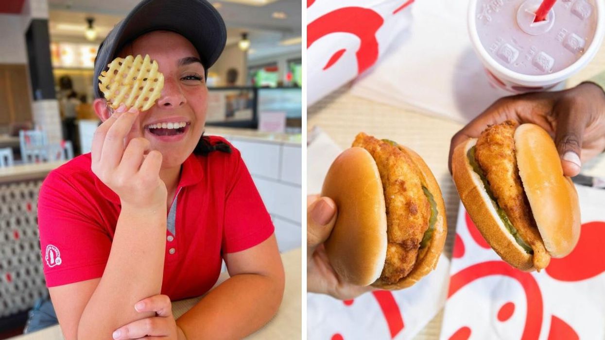 A Chick-fil-A employee holding a waffle fry. Right: Two chicken sandwiches from Chick-fil-A.