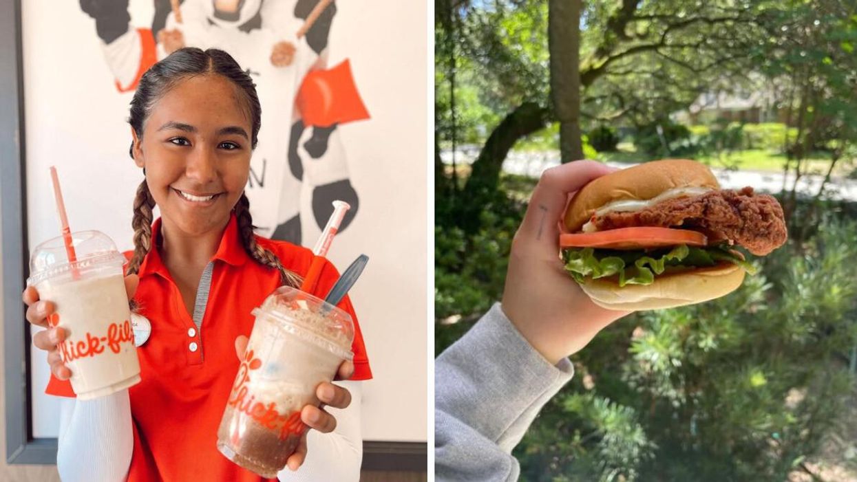 A Chick-fil-A employee holding two milkshakes. Right: A chicken sandwich from Chick-fil-A.