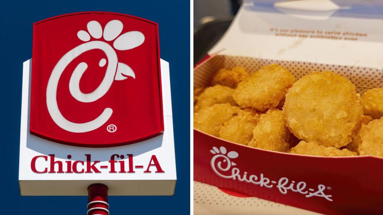 A Chick-fil-A sign. Right: A container of chicken nuggets from Chick-fil-A.