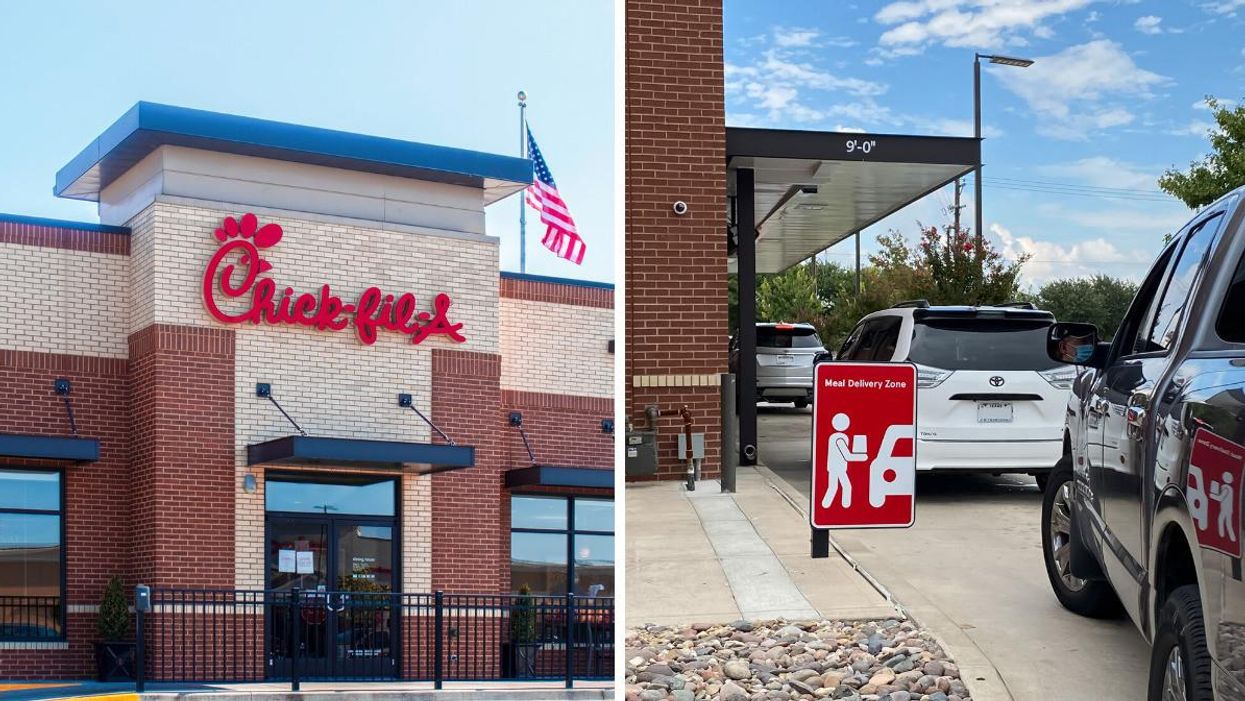 A Chick-fil-A storefront. Right: A Chick-fil-A's drive-thru. 