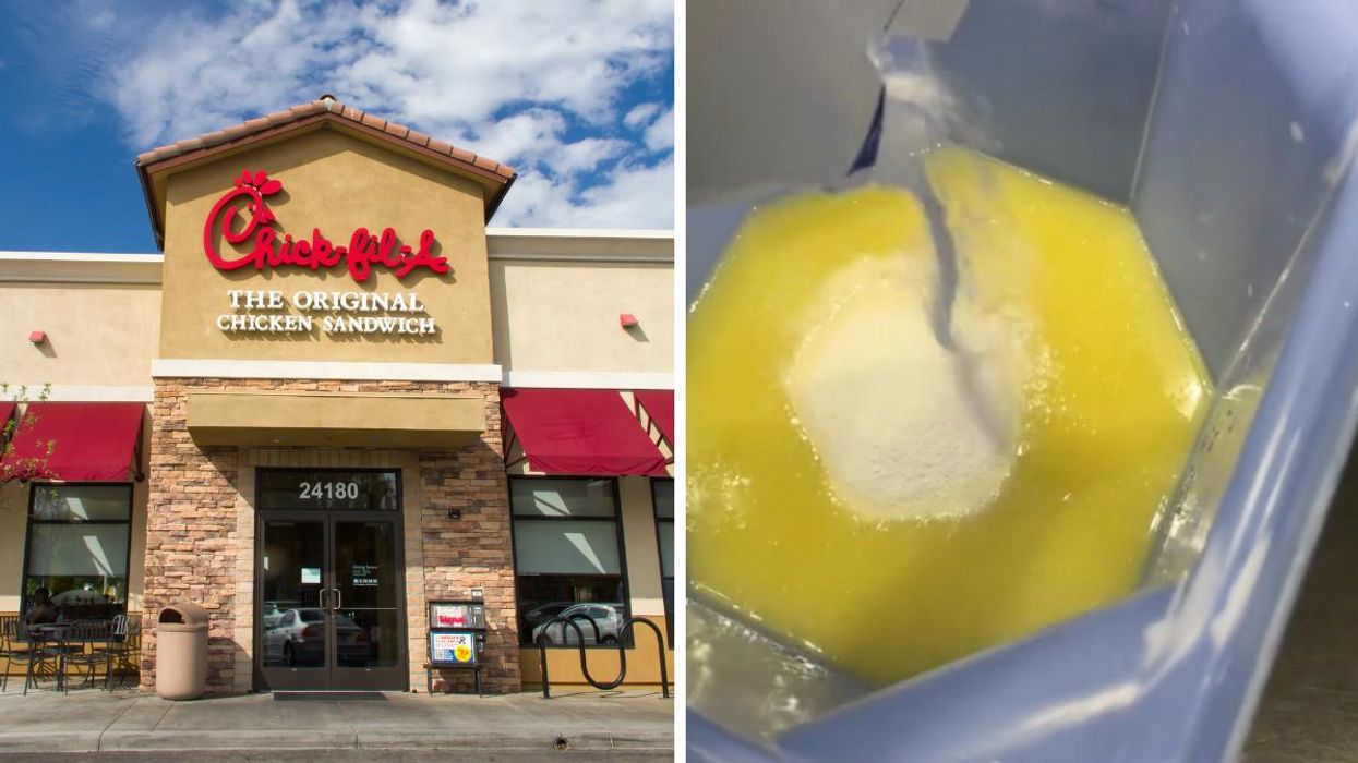 A Chick-fil-A storefront. Right: Splenda going into a bucket of Chick-fil-A lemon juice.