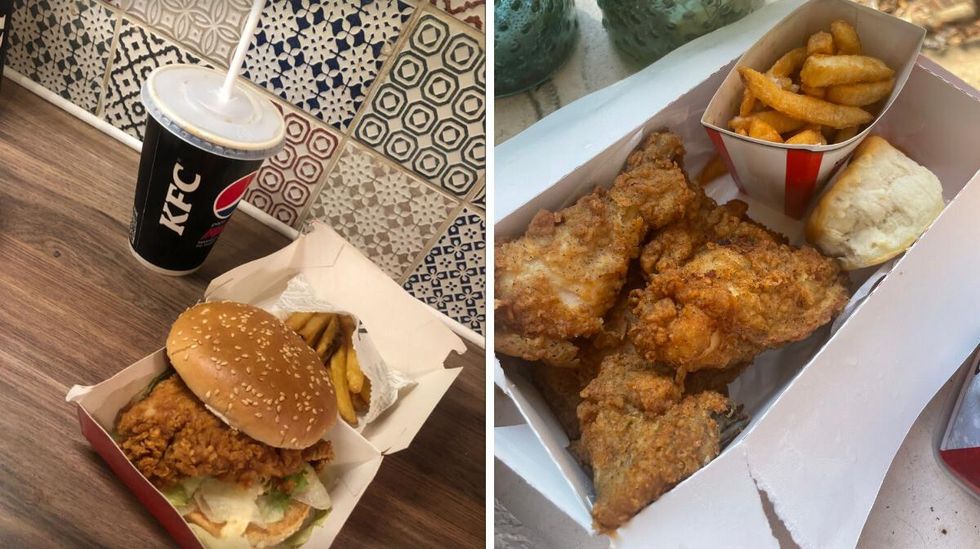 A chicken sandwich combo from KFC in the U.K. Right: A fried chicken combo from KFC in the U.S.