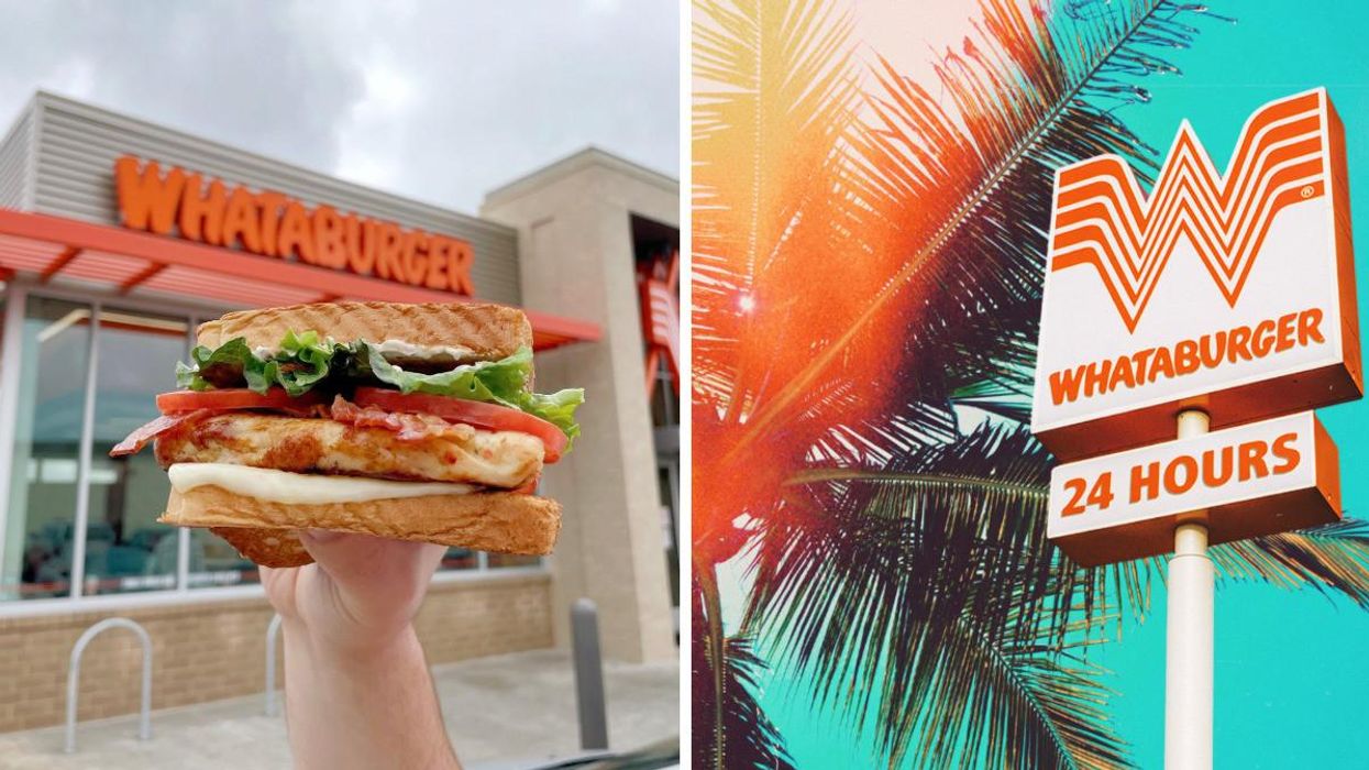 A chicken sandwich from Whataburger. Right: A Whataburger sign. 