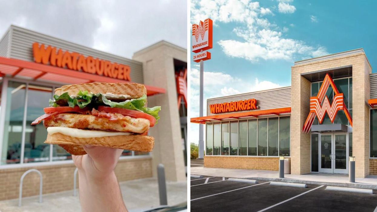 A chicken sandwich from Whataburger. Right: The outside of a Whataburger restaurant.