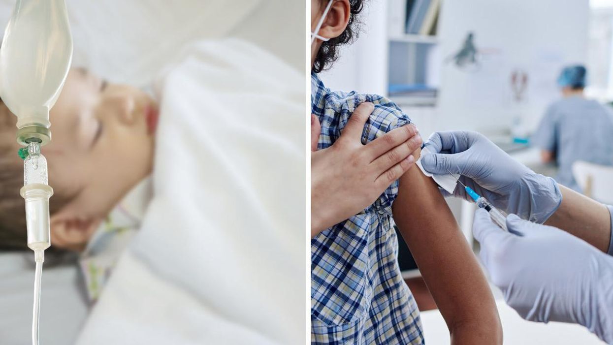 A child at a hospital. Right: A child getting a vaccine.