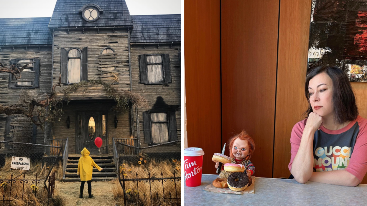 A child in a yellow raincoat holding a red ballon in IT. Right: Jennifer Tilly with a Chucky Doll.