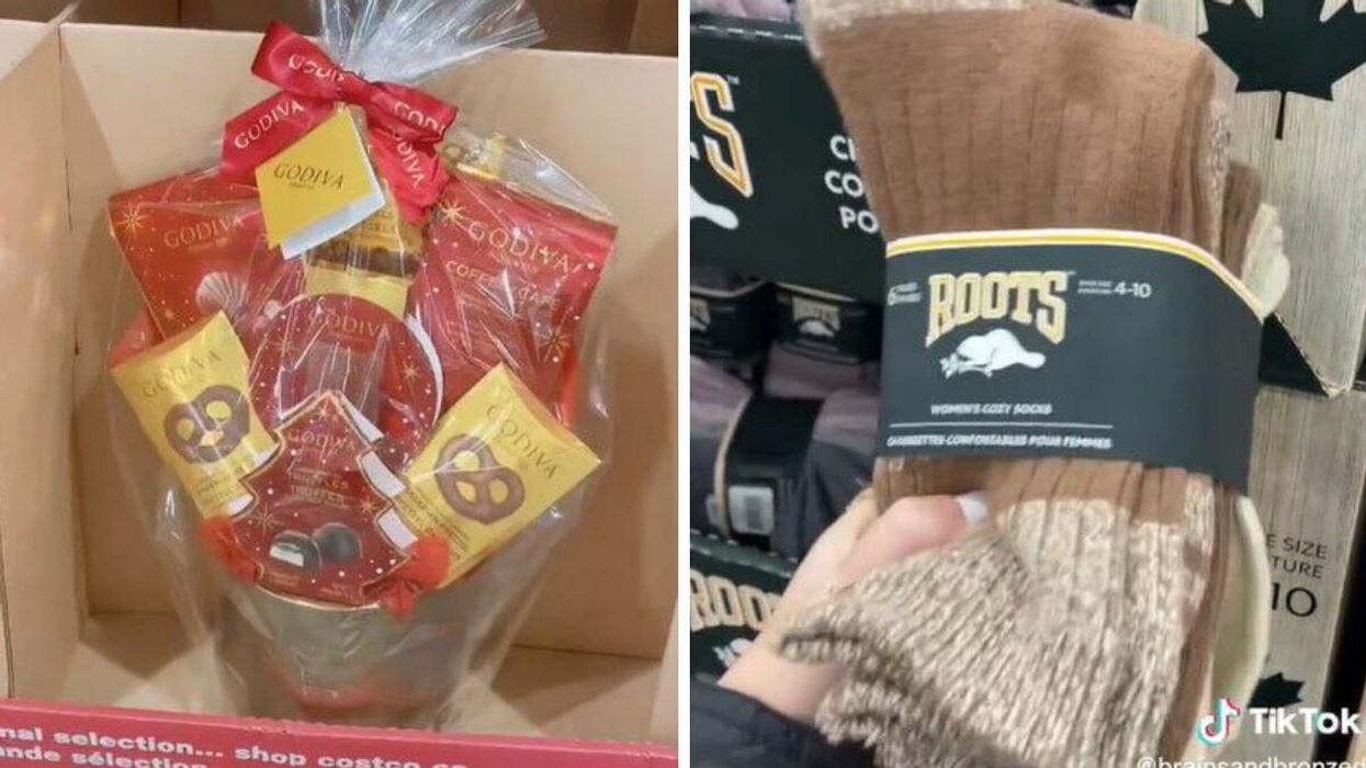 A chocolate gift basket. Right: Roots socks.