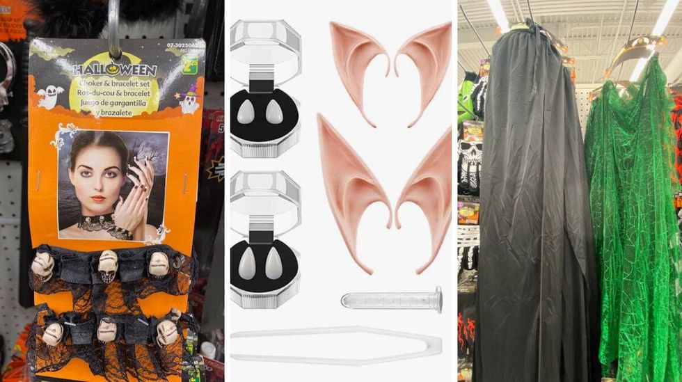 A choker and bracelet set at Dollarama. Middle: Vampire fangs and ears on Amazon. Right: Costume capes at Dollarama.