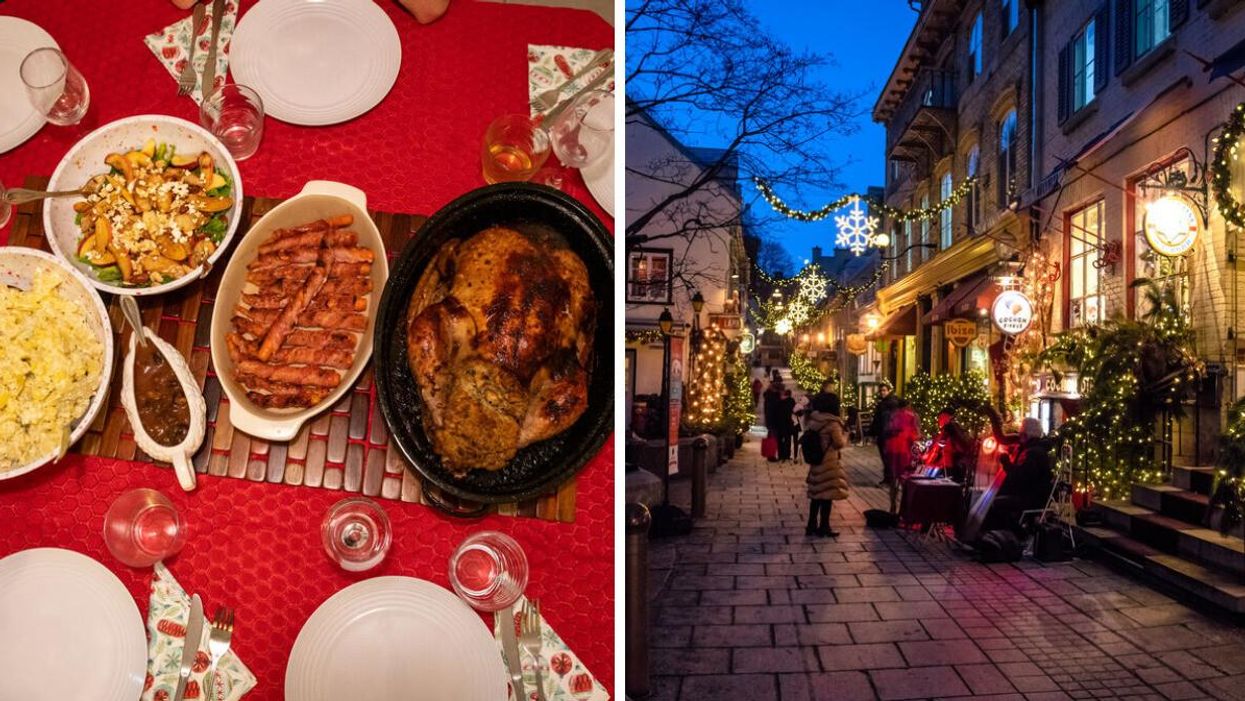 A Christmas dinner in Canada. Right: Quebec City at Christmas time.