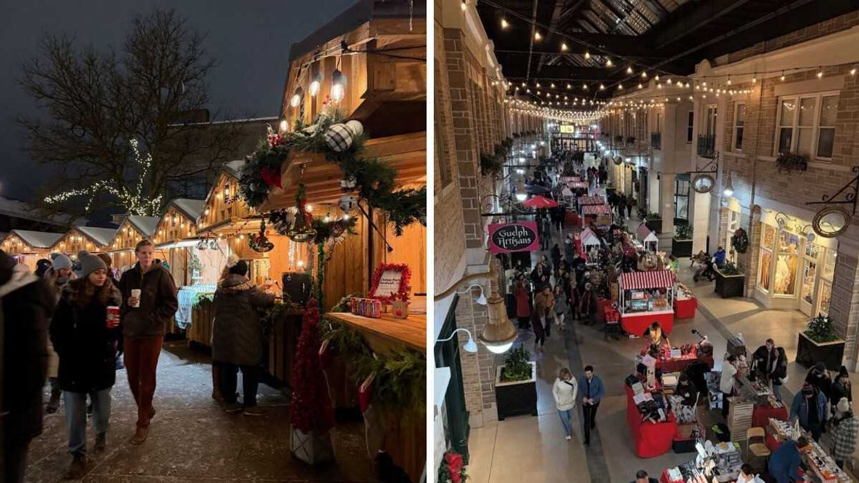 A Christmas market. Right: An indoor Christmas market.