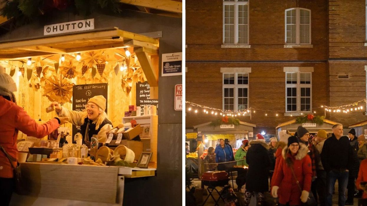 A Christmas market stall. Right: An outdoor Christmas market.