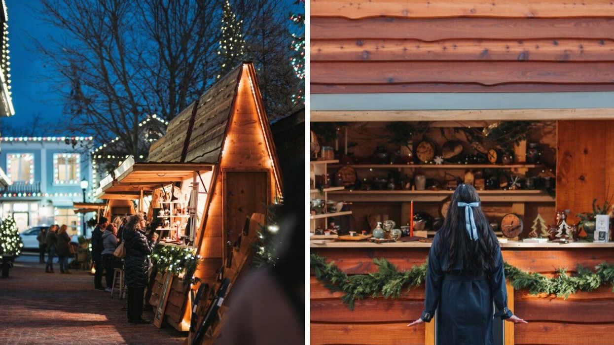 A Christmas market with vendor cabins.