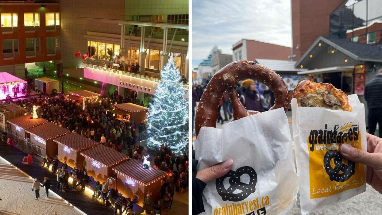 A Christmas market with wooden kiosks and a glowing Christmas tree is seen from above. Right: Two people hold pretzels while standing outside.