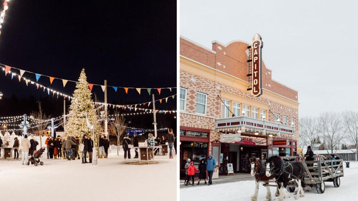 A Christmas tree at the Edmonton Christmas Market. Right: Edmonton Christmas Market.