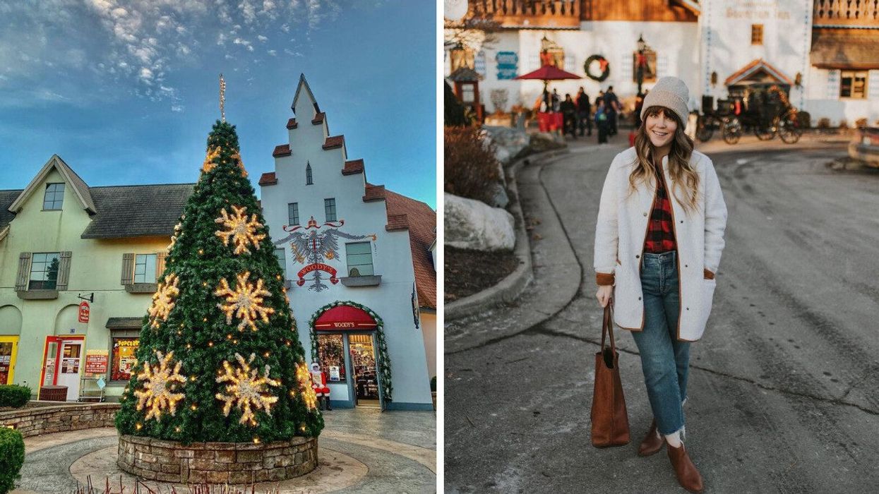 A Christmas tree in a town square. Right: A person standing on a road.