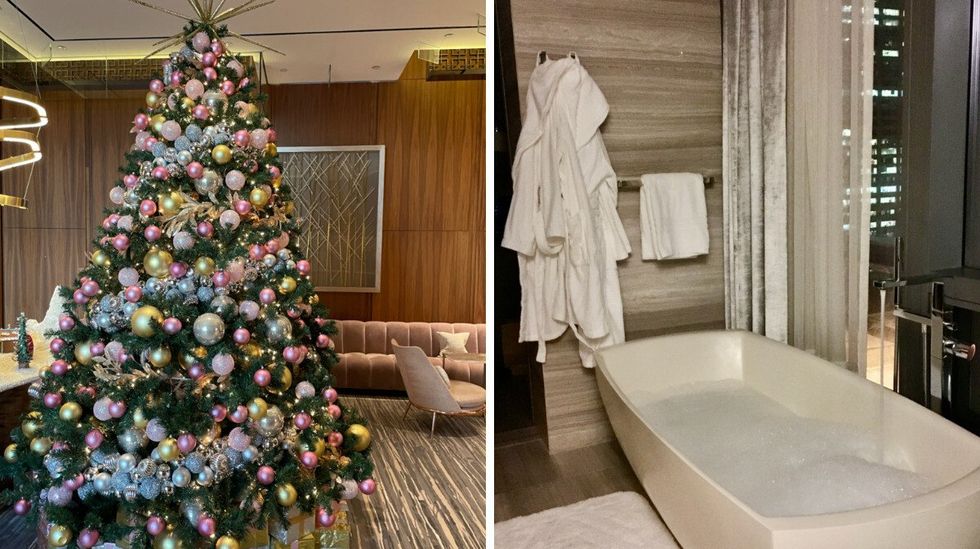 A Christmas Tree in the lobby of The Four Seasons Hotel, Toronto, decorated in pink, silver and gold. Right: A bath filled with bubbles, with luxury robes hanging beside it.