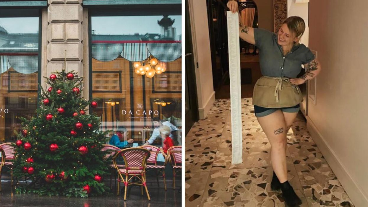 A Christmas tree outside of a restaurant. Right: Maeve holding a long receipt paper in a server apron.