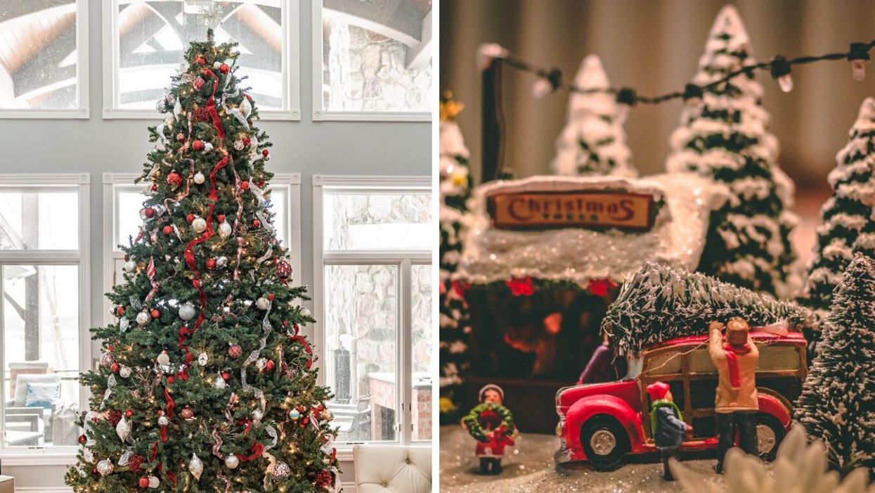 A Christmas tree. Right: A Christmas village decoration.