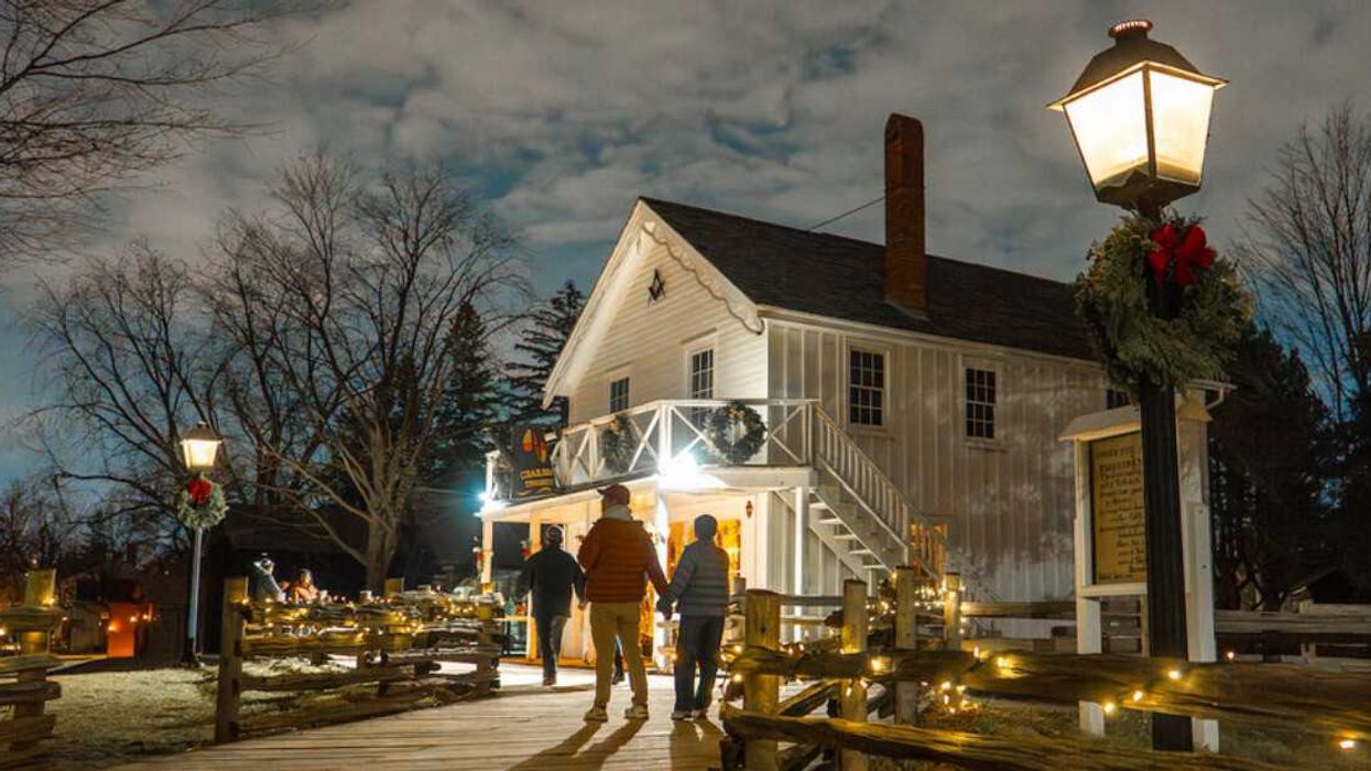A Christmas village at night.