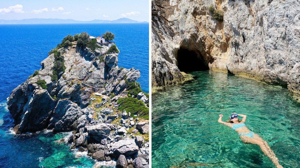 A church in Skopelos, Greece. Right: A person swims in Skopelos, Greece.